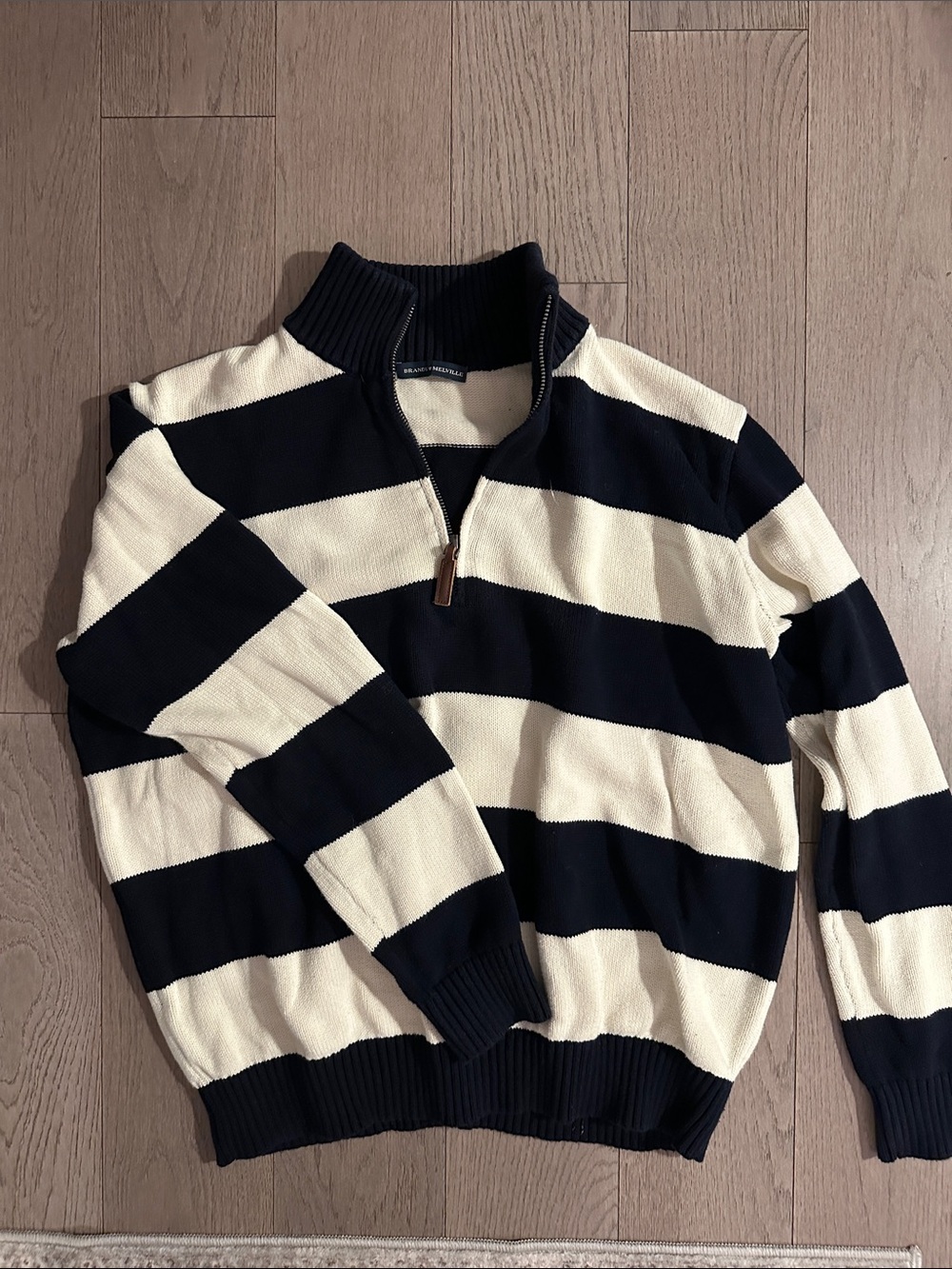 Brandy Melville Navy and Cream Striped Half-Zip Sweater